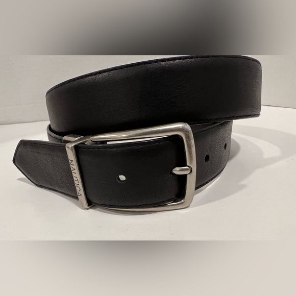Nautica Men Size 36 Black Belt Silver Tone Buckle Width 2”X1 3/4” Logo FLAWED - Picture 1 of 13